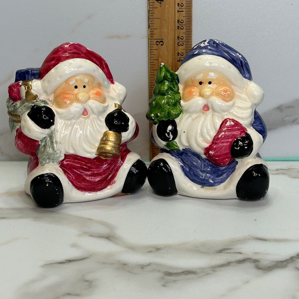 Vintage Santa Claus Salt and Pepper Shakers Red and Blue Ceramic Christmas Decor